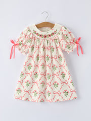 Spring Floral Smocking Embroidery Bow Girls Dress