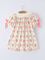 Spring Floral Smocking Embroidery Bow Girls Dress