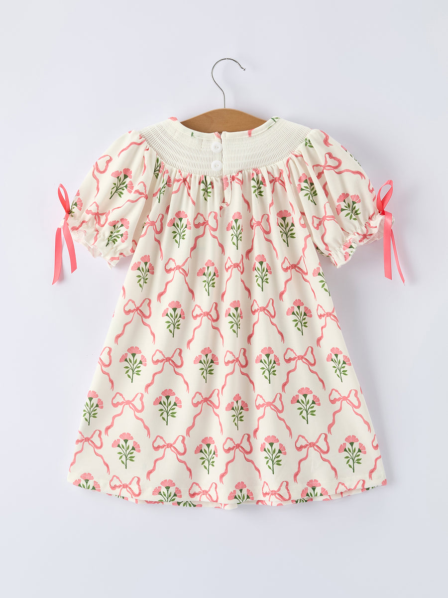 Spring Floral Smocking Embroidery Bow Girls Dress