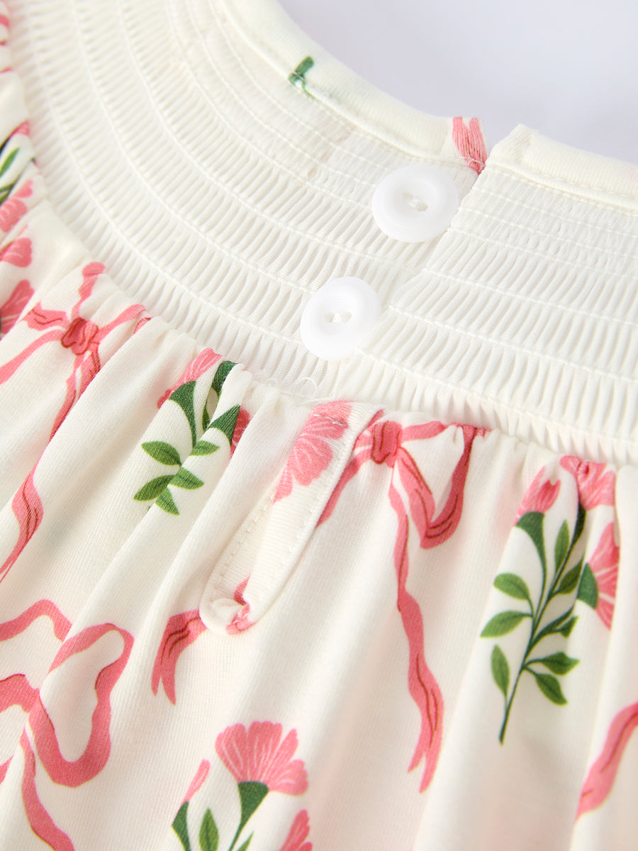 Spring Floral Smocking Embroidery Bow Girls Dress