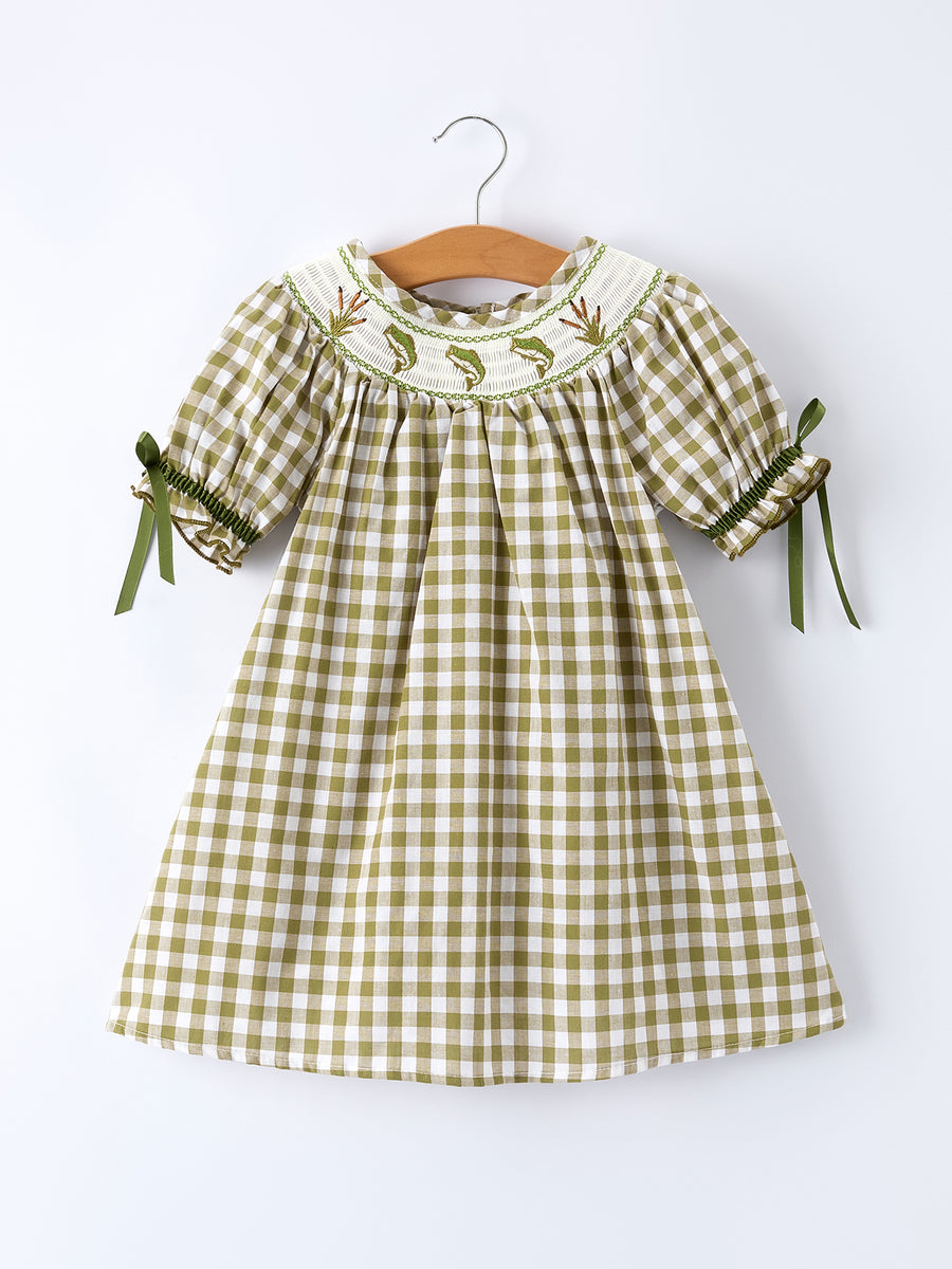 Green Plaid Fish Embroidered Baby Girls Smocked Dress 5 Green Plaid Fish Embroidered Baby Girls Smocked Dress 5