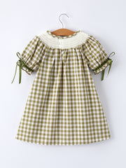 Green Plaid Fish Embroidered Baby Girls Smocked Dress