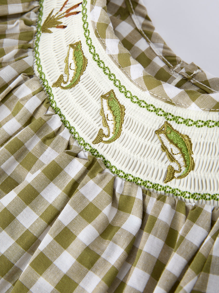 Green Plaid Fish Embroidered Baby Girls Smocked Dress 5 Green Plaid Fish Embroidered Baby Girls Smocked Dress 5