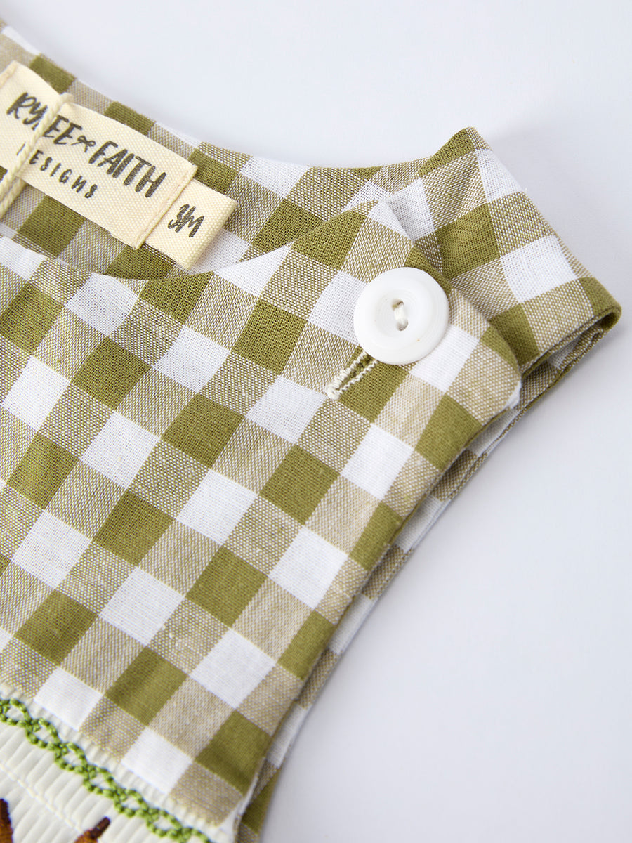 Green Plaid Fish Embroidered Smocked Baby Boy Romper