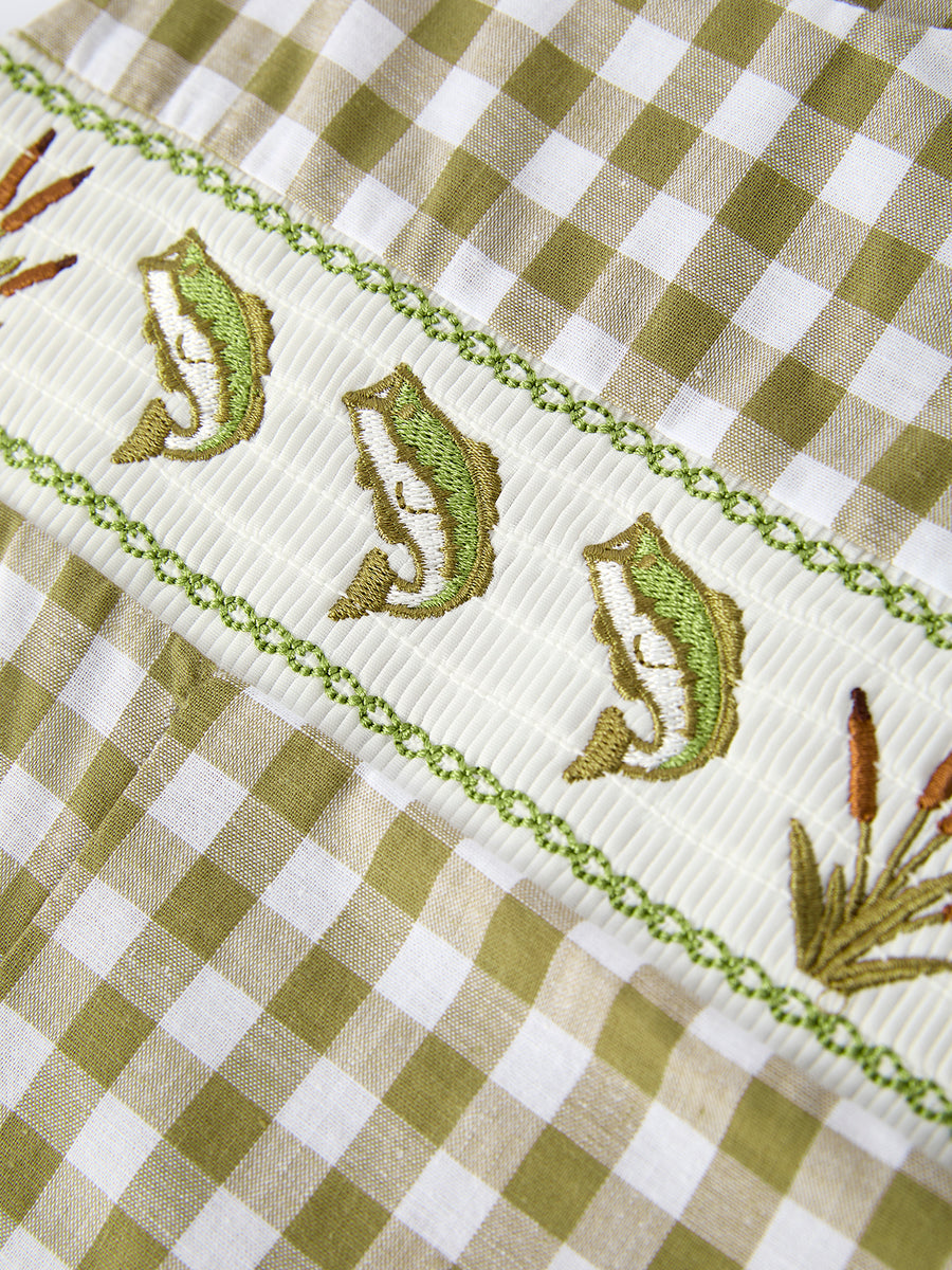 Green Plaid Fish Embroidered Smocked Baby Boy Romper