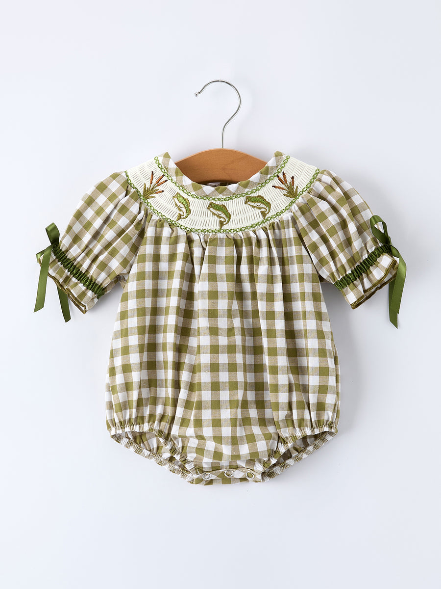 Green Plaid Fish Embroidered Baby Girls Smocked Romper