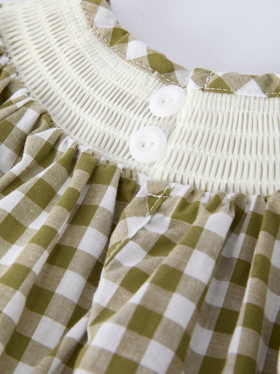 Green Plaid Fish Embroidered Baby Girls Smocked Romper