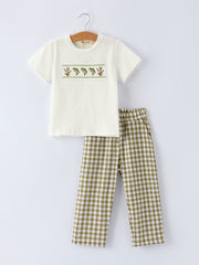 Green Plaid Fish Embroidered Smocked Boys Set