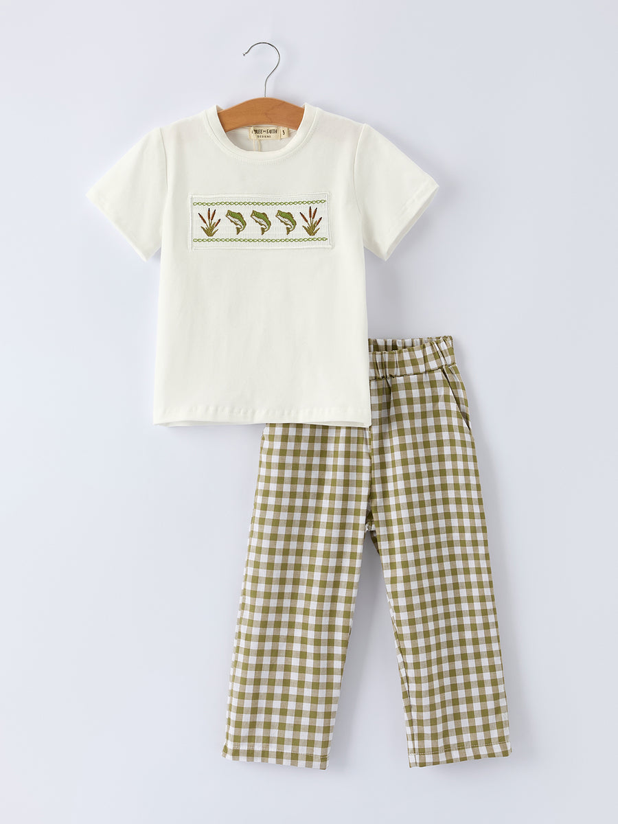 Green Plaid Fish Embroidered Smocked Boys Set