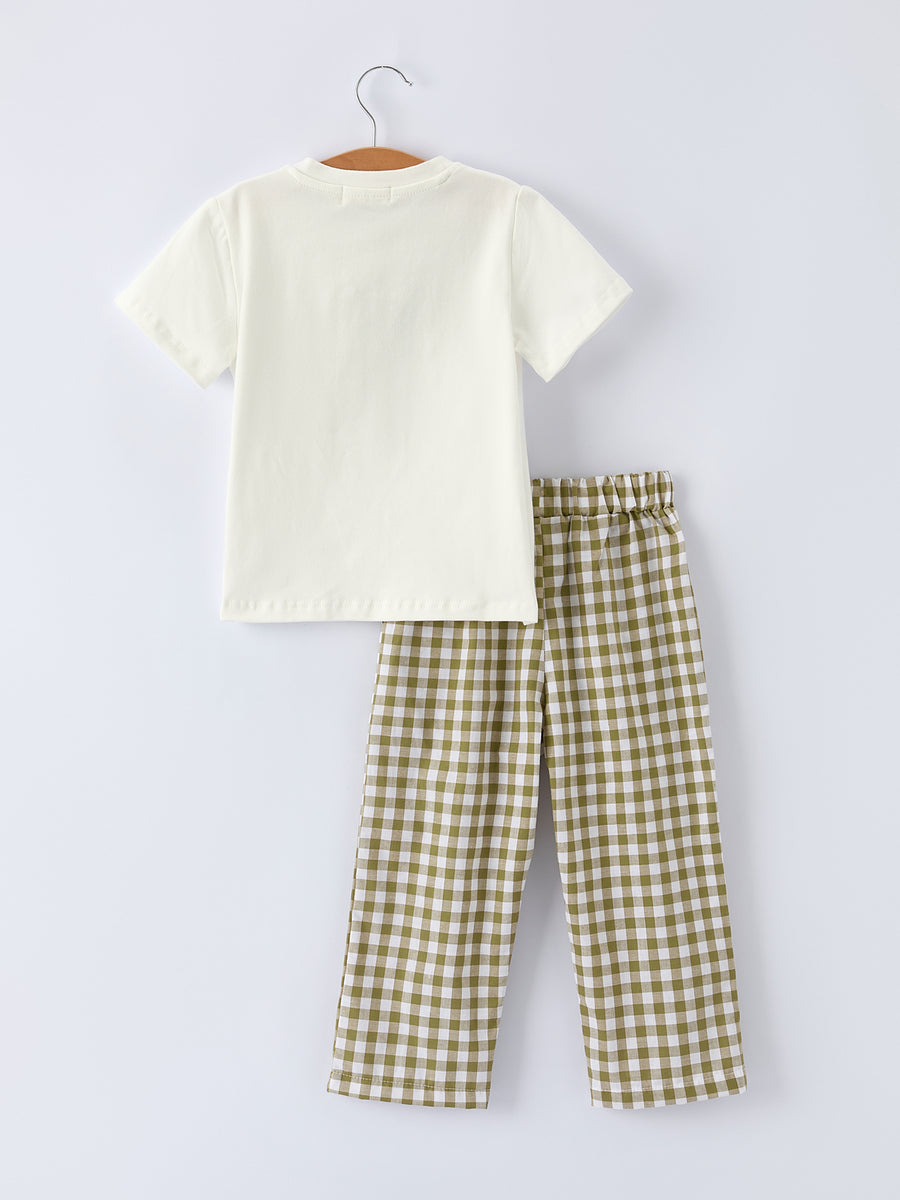 Green Plaid Fish Embroidered Smocked Boys Set