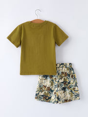 PREORDER Duck Embroidery Boys Set Green Tee and Camo Shorts