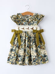 Camo Duck Smocked Bow Ruffle Sleeves Girls Dress