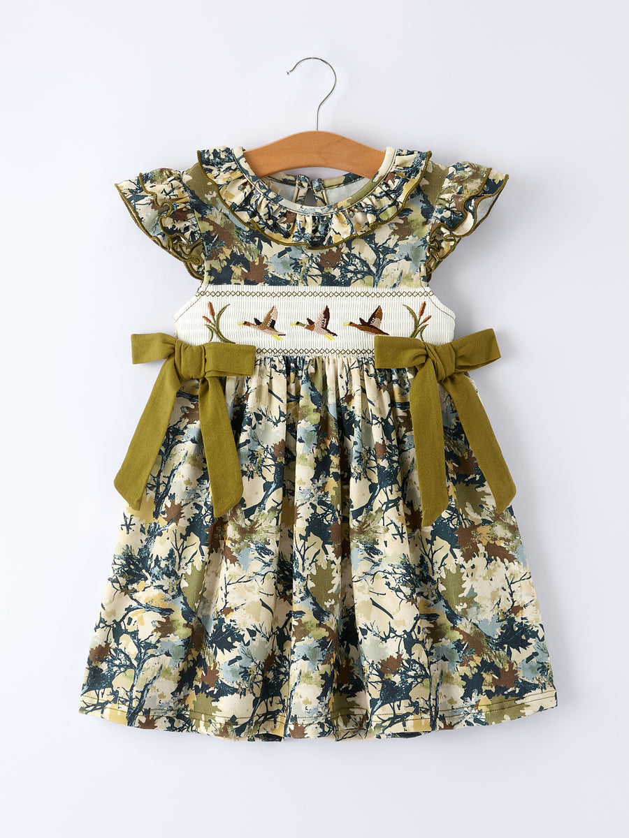 Camo Duck Smocked Bow Ruffle Sleeves Girls Dress