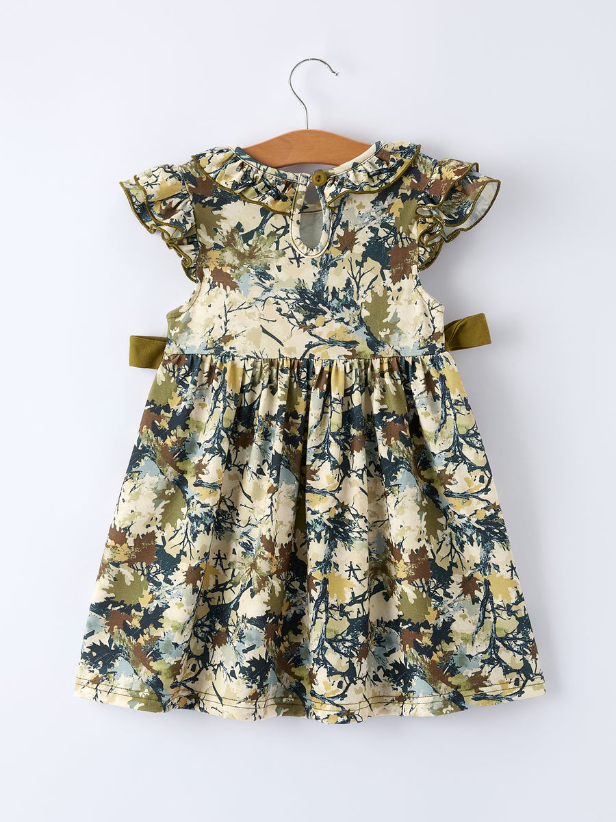 Camo Duck Smocked Bow Ruffle Sleeves Girls Dress