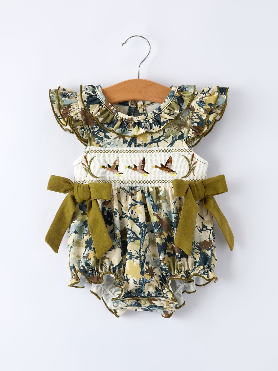 PREORDER Duck Smocking Embroidery Baby Girls Camouflage Romper