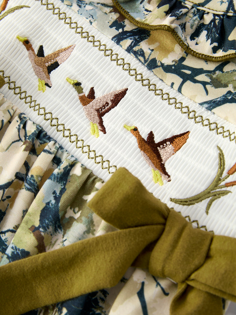 PREORDER Duck Smocking Embroidery Baby Girls Camouflage Romper