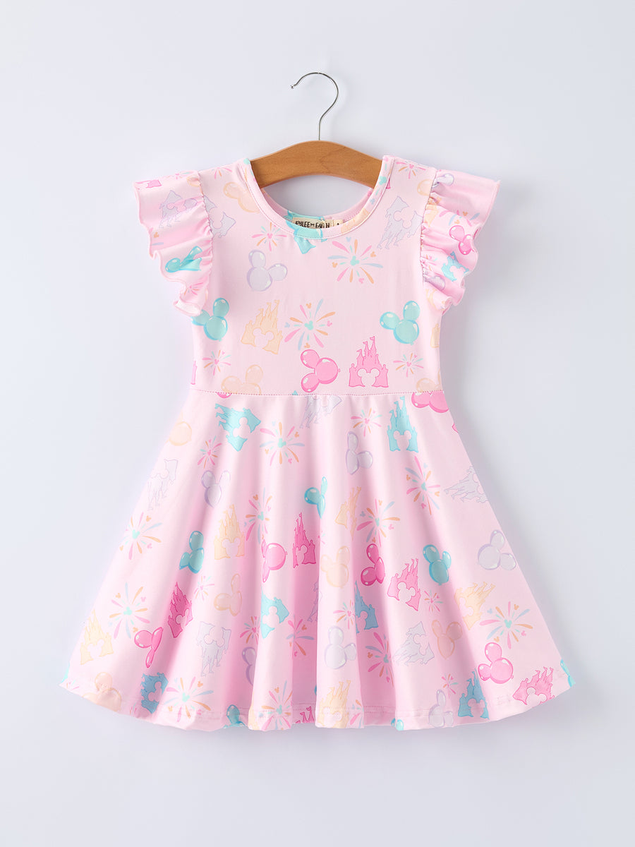 Spring Pink Theme Park Print Girls Twirl Dress