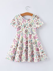 Easter Pastel Character Pattern Short Sleeve Girls Dress