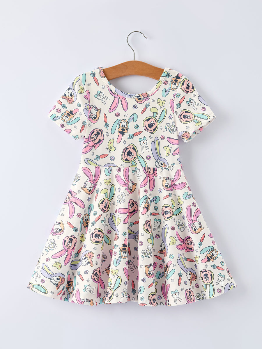 Easter Pastel Character Pattern Short Sleeve Girls Dress