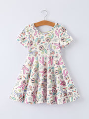 Easter Pastel Character Pattern Short Sleeve Girls Dress