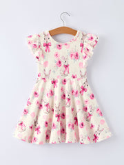 Easter Pink Bow Bunny and Rose Print Girls Dress