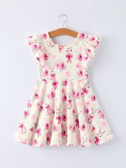 Easter Pink Bow Bunny and Rose Print Girls Dress