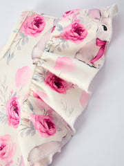 Easter Pink Bow Bunny and Rose Print Girls Dress