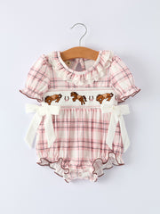 Western Horse Embroidered Smocked Plaid Baby Girl Romper