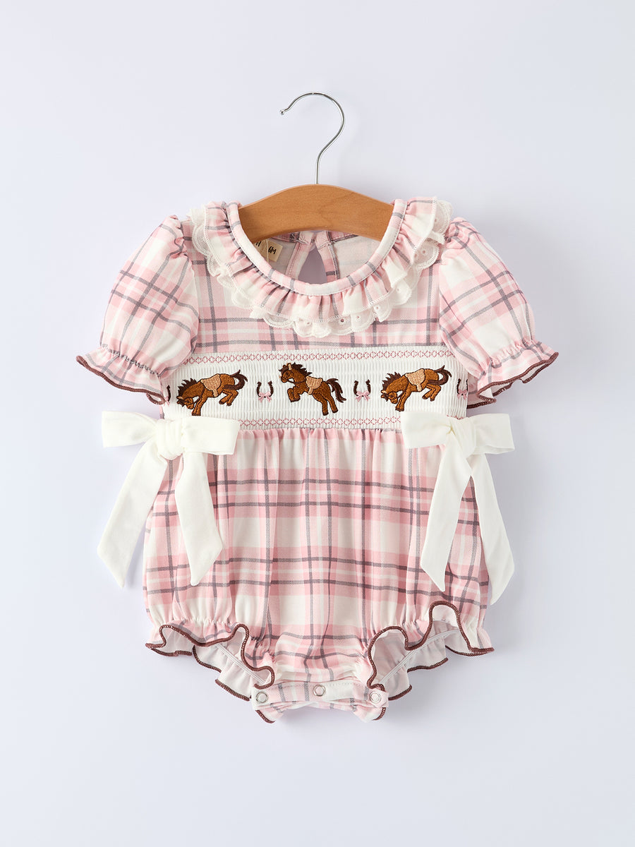 Western Horse Embroidered Smocked Plaid Baby Girl Romper