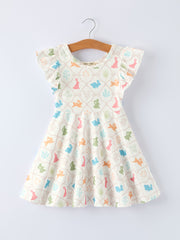 Easter Bunny Print Girls Flutter Sleeve Dress