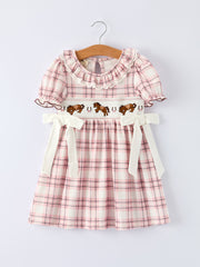 Western Horse Embroidered Smocked Plaid Girls Dress