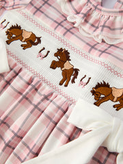 Western Horse Embroidered Smocked Plaid Girls Dress
