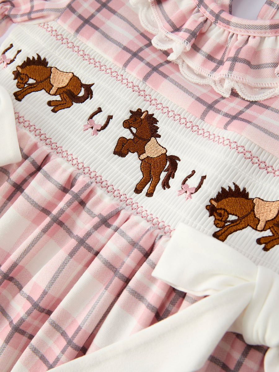 Western Horse Embroidered Smocked Plaid Girls Dress