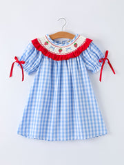 Girls Summer Strawberry Bow Embroidered Smocked Dress