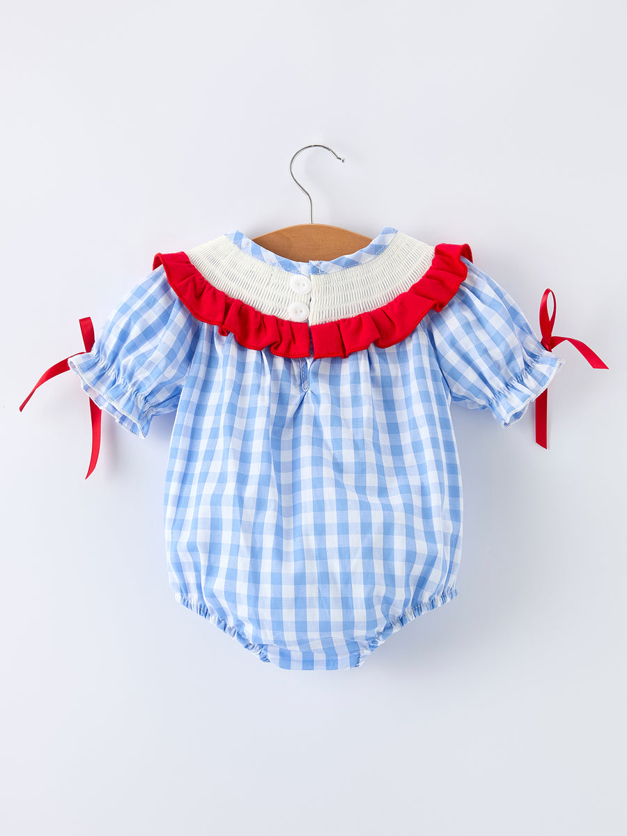 Baby Girls Summer Strawberry Bow Embroidered Smocked Romper