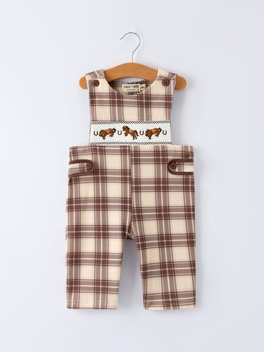Western Horse Embroidered Smocked Plaid Baby Boy Romper