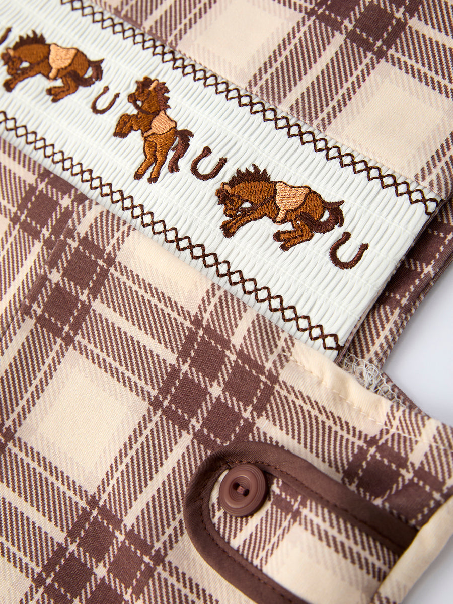 Western Horse Embroidered Smocked Plaid Baby Boy Romper