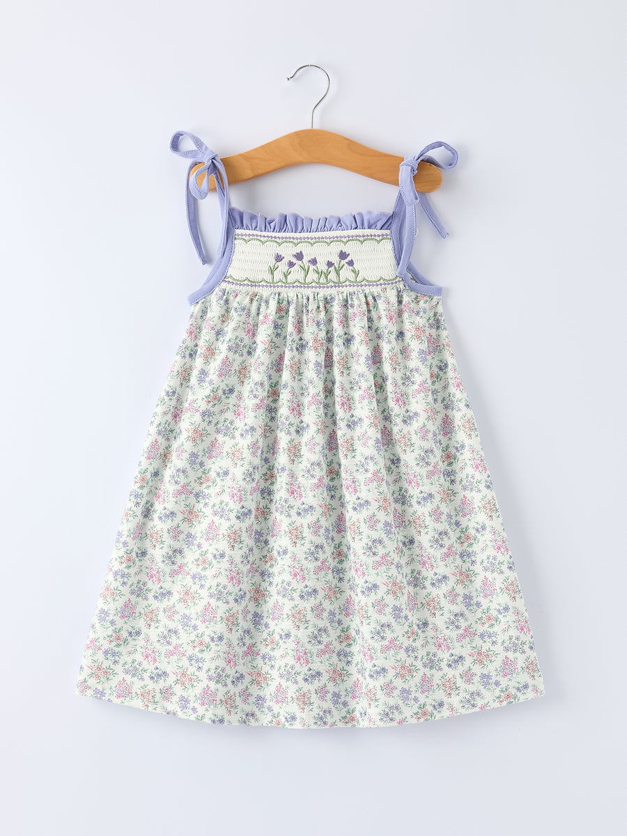 PREORDER  Spring Purple Floral Embroidered Smocked Bow Girl Dress