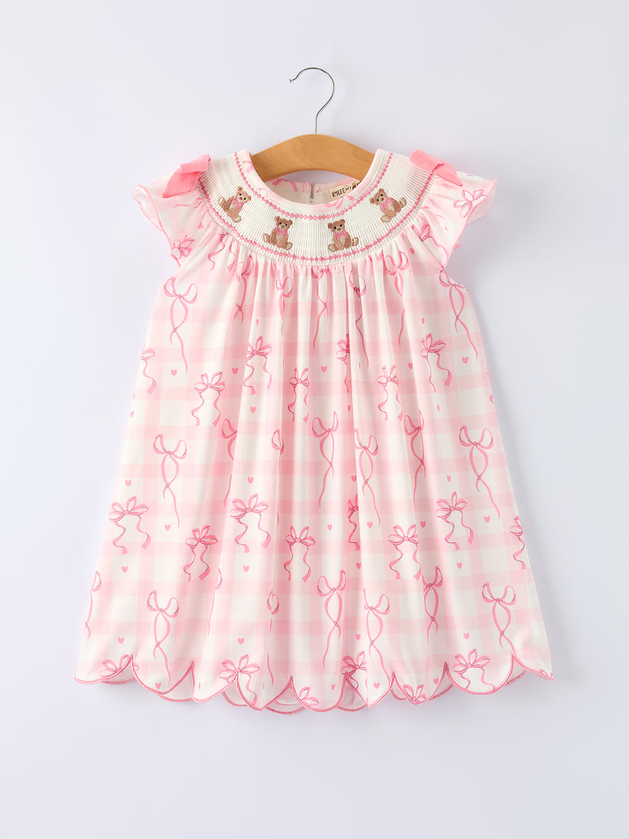 Spring Pink Bow Teddy Smocked Girl Dress