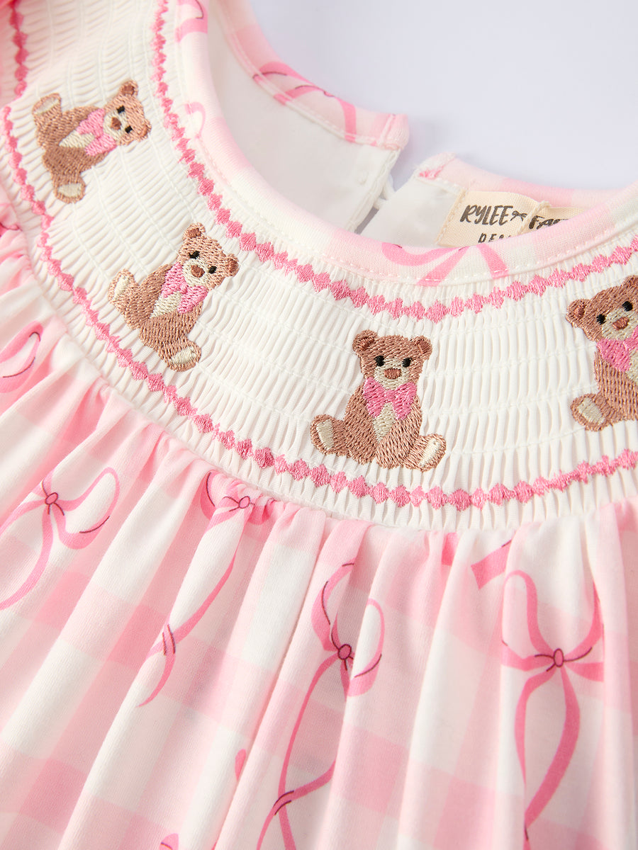 Spring Pink Bow Teddy Smocked Girl Dress