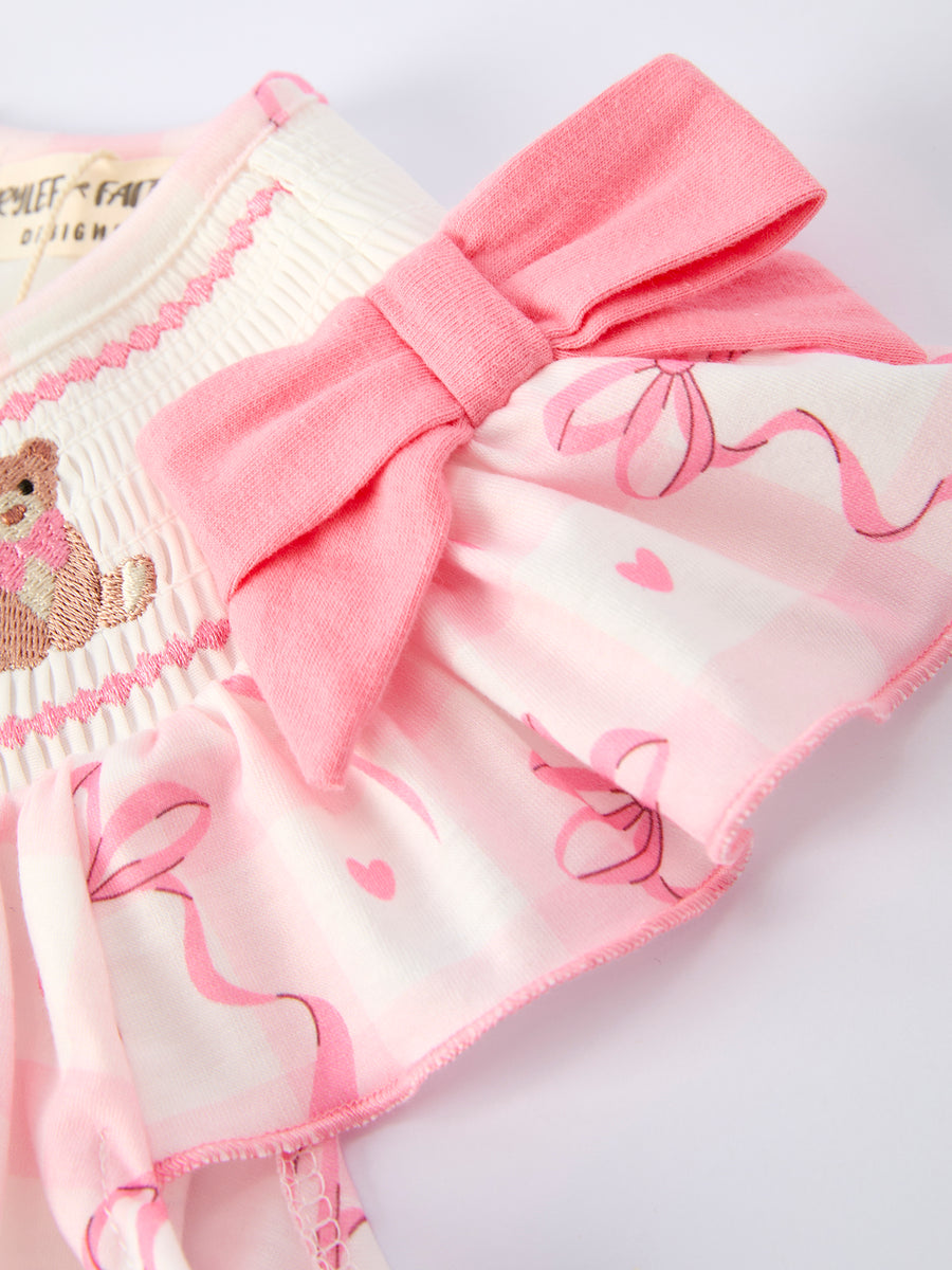 Spring Pink Bow Teddy Smocked Girl Dress