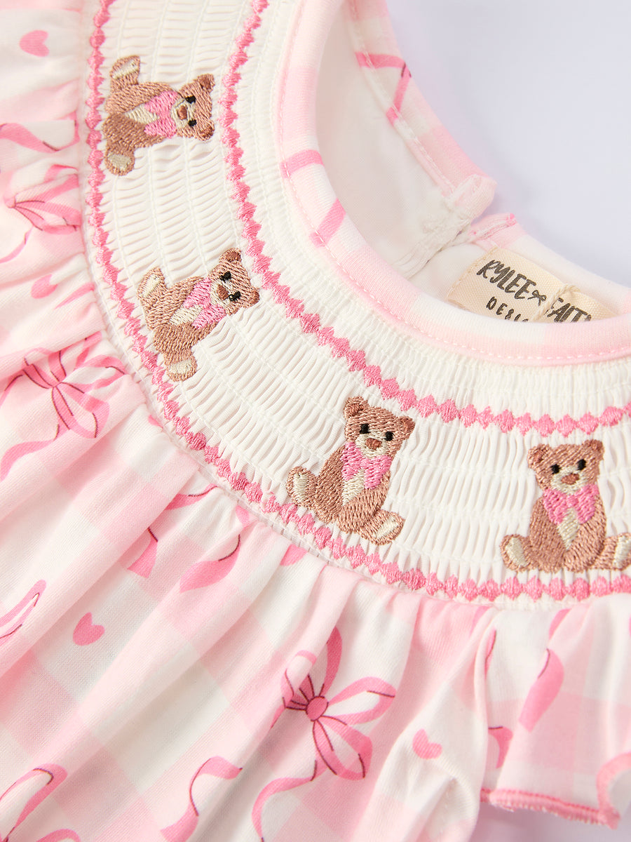 Spring Pink Bow Teddy Smocked Embroidery Baby Girls Bloomers Set