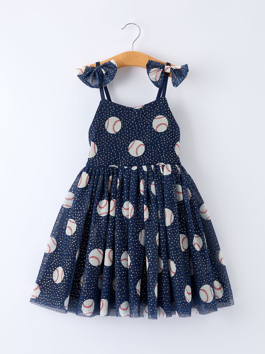 Baseball Theme Sleeveless Bow Strap Girls Dress