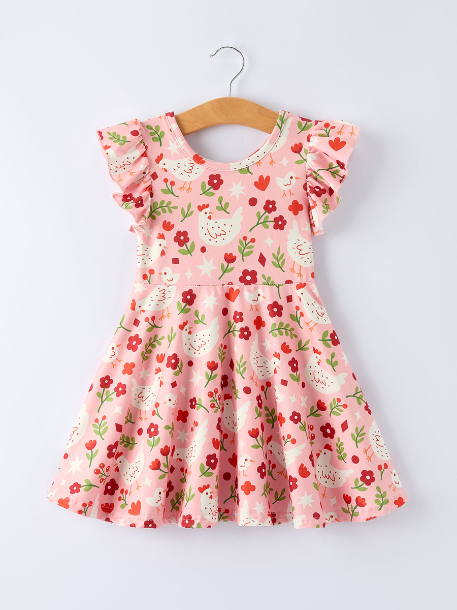 Spring Chicken Floral Farm Print Girls Dress