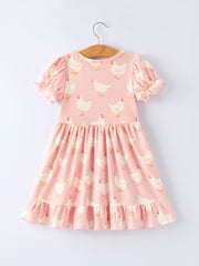 Farm Spring Chicken Print Girls Ruffle Dress