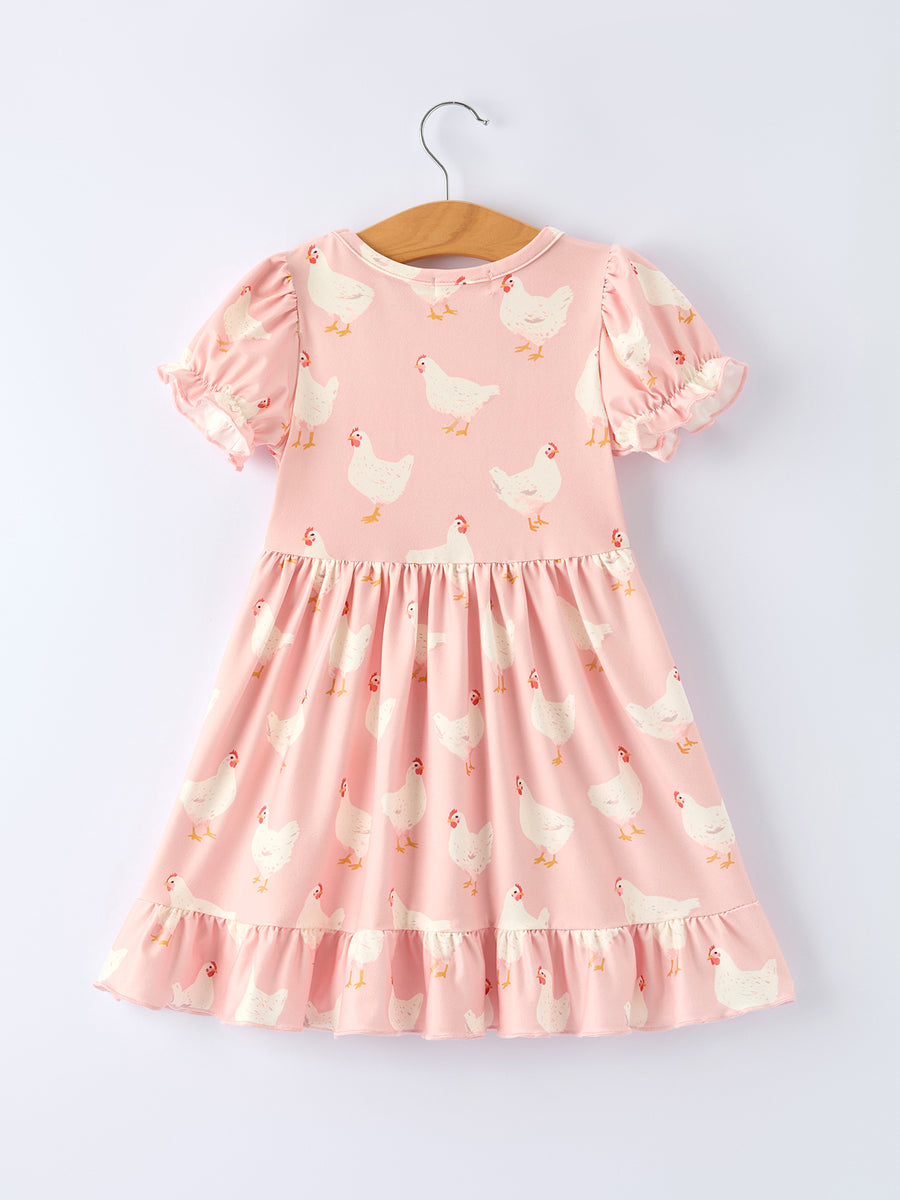 Farm Spring Chicken Print Girls Ruffle Dress