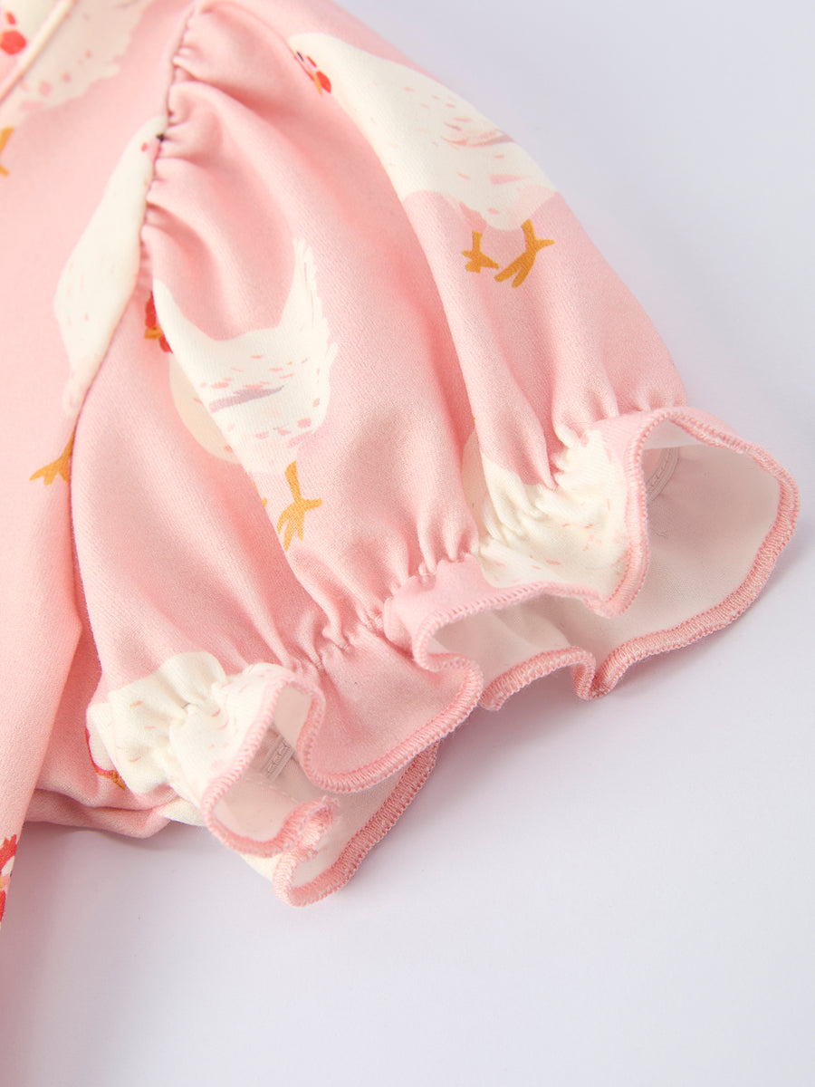 Farm Spring Chicken Print Girls Ruffle Dress