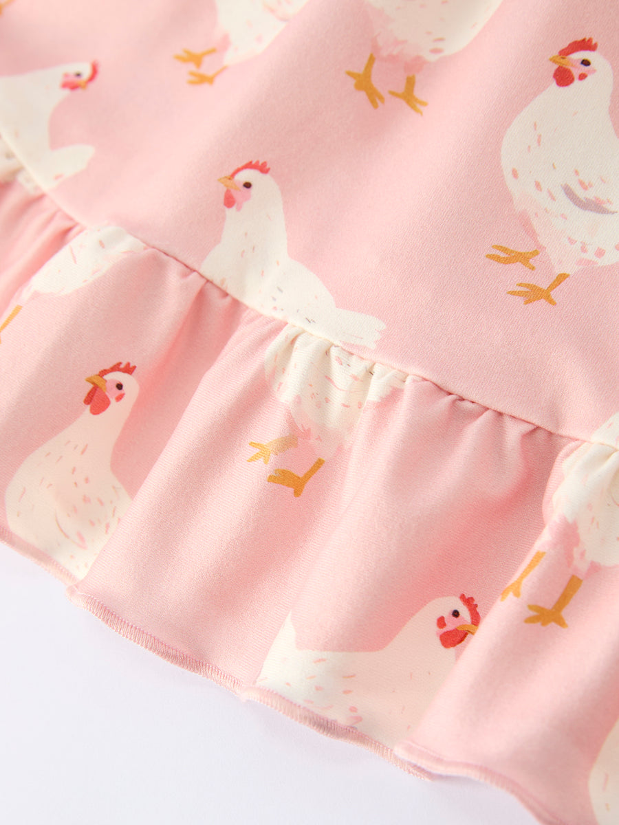 Farm Spring Chicken Print Girls Ruffle Dress
