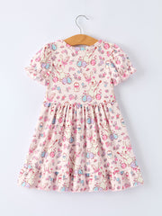 Easter Floral Bunny Girls Ruffle Hem Dress