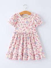 Easter Floral Bunny Girls Ruffle Hem Dress